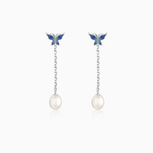 Silver Butterfly Pearl Dangle Earrings